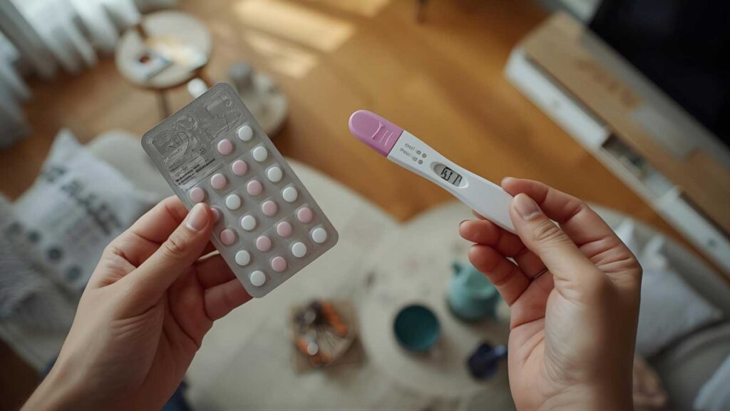 Person holding a pregnancy test and birth control pills.