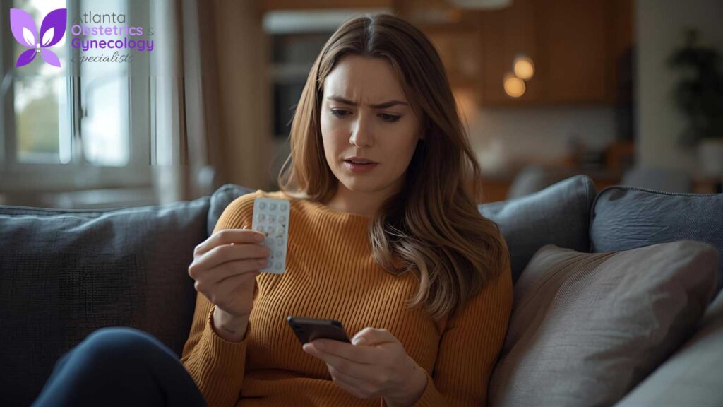 Woman checking birth control pills while looking at the calendar on her phone.