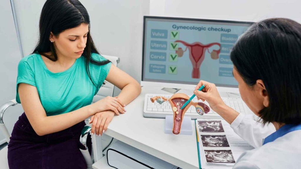 Female doctor explaining reproductive health information to a patient during a wellness consultation.