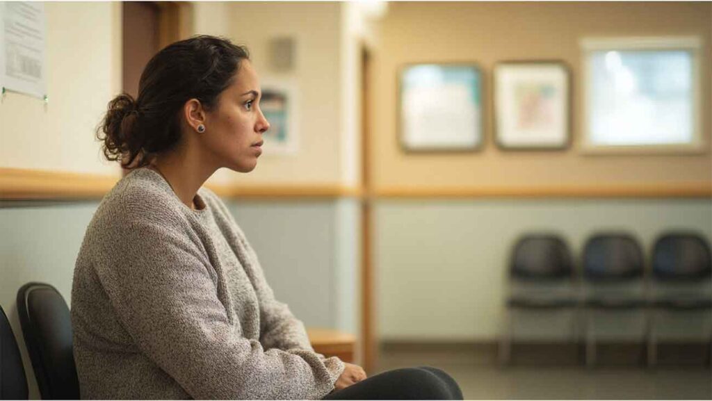 An anxious woman seated alone as she awaits medical test outcome.