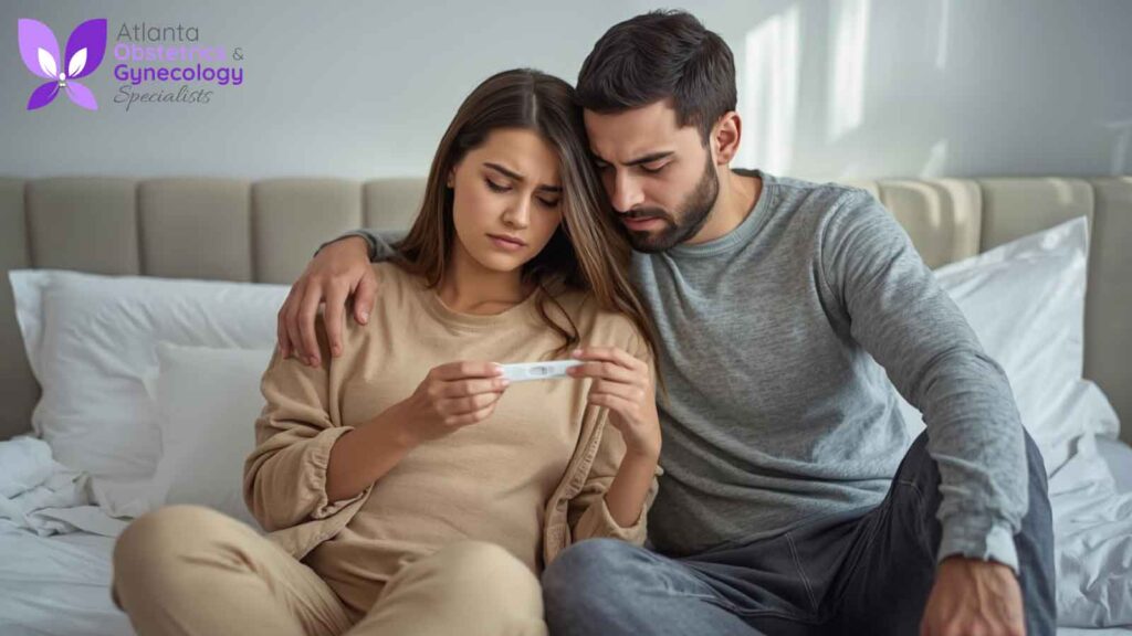 A couple sharing a quiet moment while reviewing a fertility test at home.