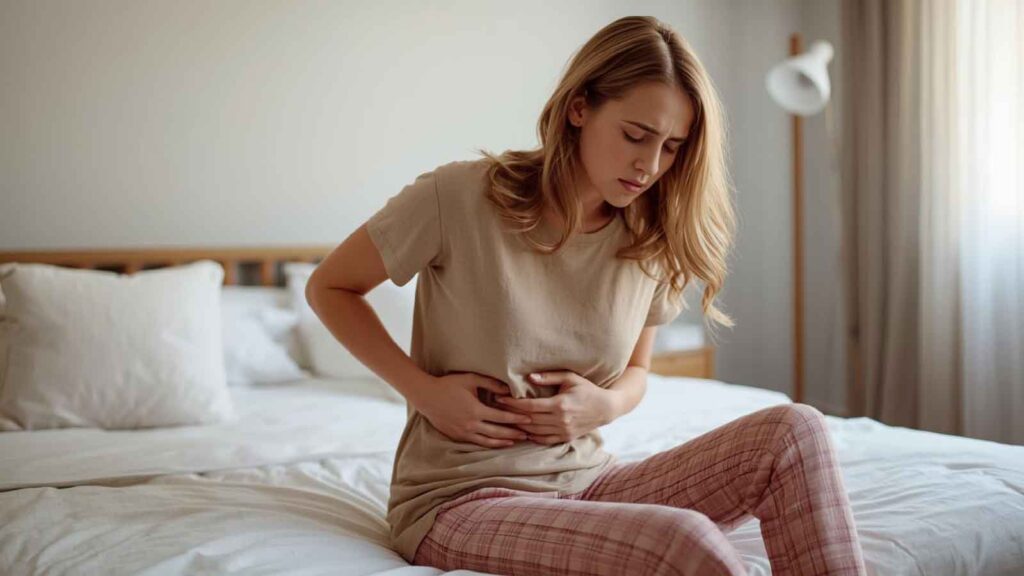 A woman sitting on a bed with a pained expression, experiencing pain or discomfort.