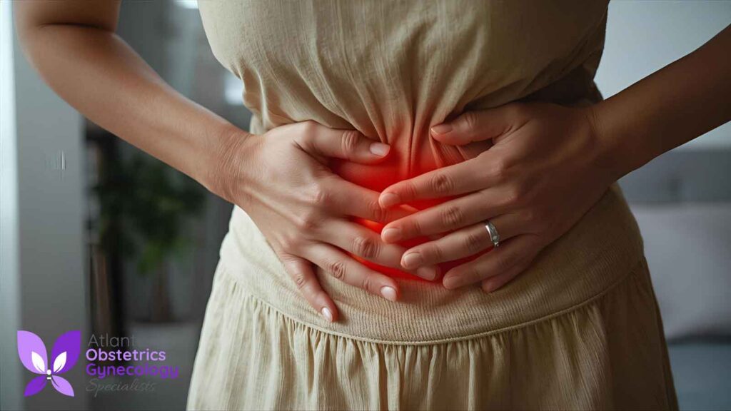 A woman feeling abdominal pain, with a visual representation of discomfort caused by menorrhagia.