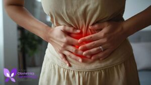 A woman feeling abdominal pain, with a visual representation of discomfort caused by menorrhagia.