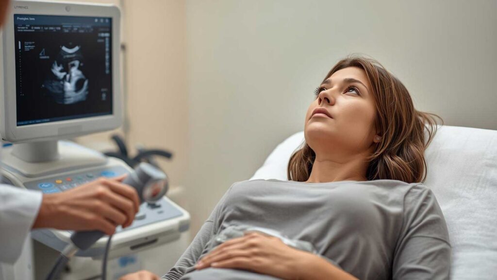 A woman undergoing an abdominal ultrasound exam to diagnose adenomyosis.