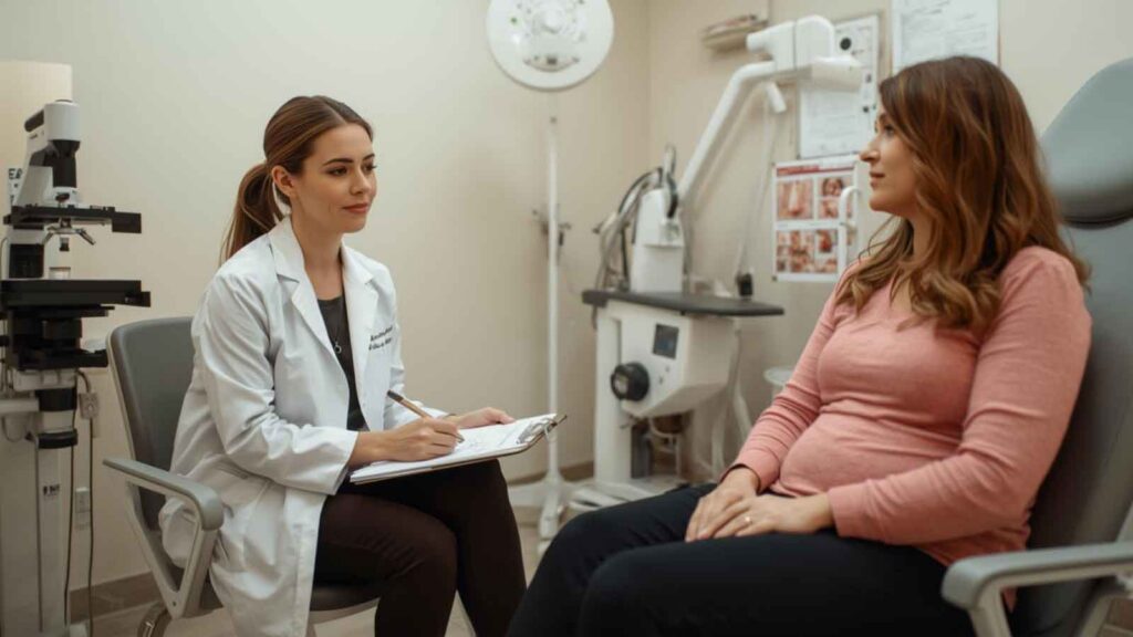 An OBGYN discusses pelvic health concerns with a patient during a consultation.