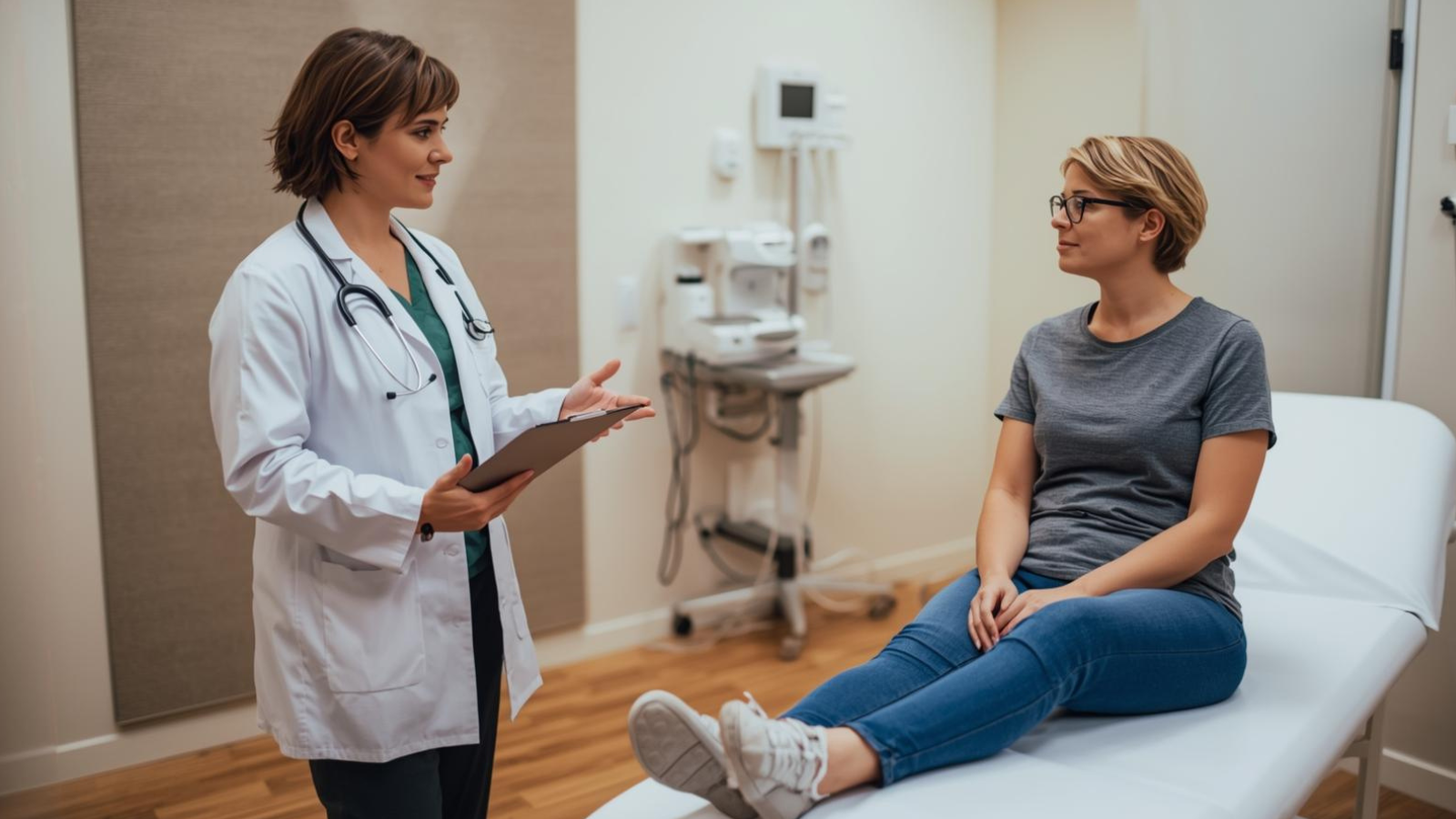 OBGYN evaluating a patient for bladder control issues.