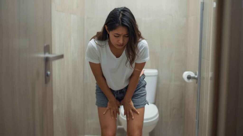 A woman experiencing bladder urgency in a bathroom.