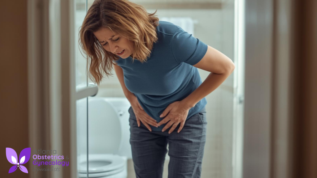 Female experiencing pelvic pressure and possible urinary incontinence near a toilet.