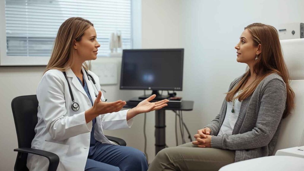 OBGYN consulting with a patient in a private room.