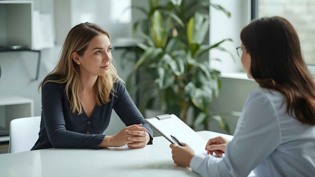 A woman listening attentively as her OBGYN explains treatment options.