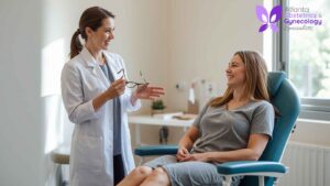 Female gynecologist speaking with a patient seated in a chair during a consultation.