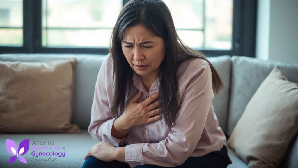 A middle-aged woman feeling chest pain related to menopause.