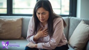 A middle-aged woman feeling chest pain related to menopause.