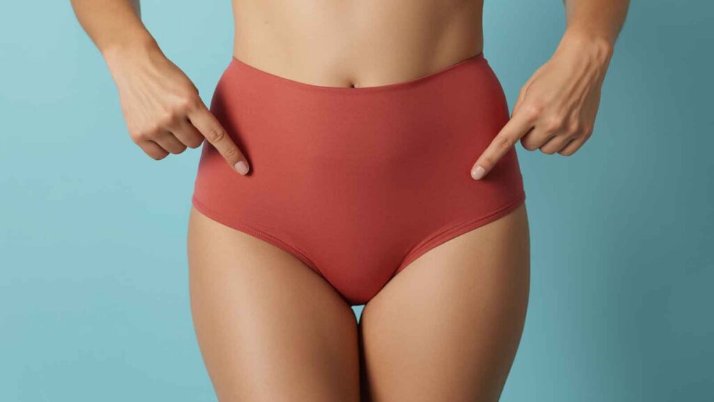 Woman indicating gynecological health concerns.