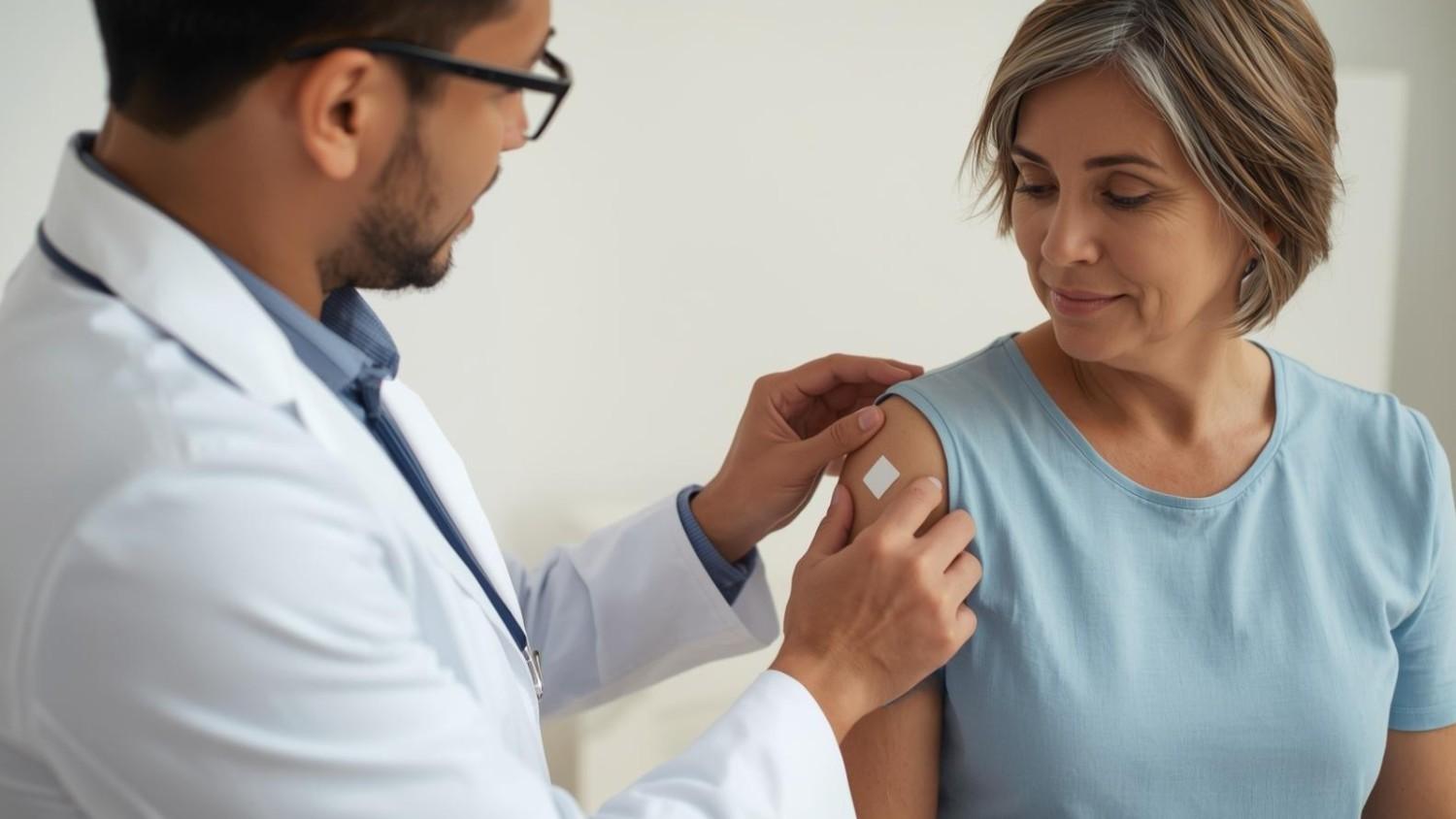 A healthcare professional applies a hormone patch to a woman's arm as part of her menopause treatment.