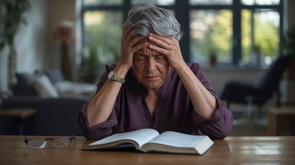 A distressed woman sitting at a table with an open book, holding her head.